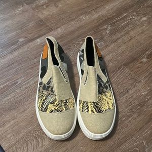 Slip on sneakers. Tan with various prints. NWOT